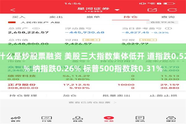 什么是炒股票融资 美股三大指数集体低开 道指跌0.52% 纳指跌0.26% 标普500指数跌0.31%